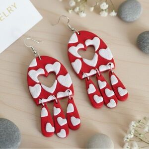Heartfall Dangle - Handmade Clay Earrings - Valentine’s Day - Red & White
